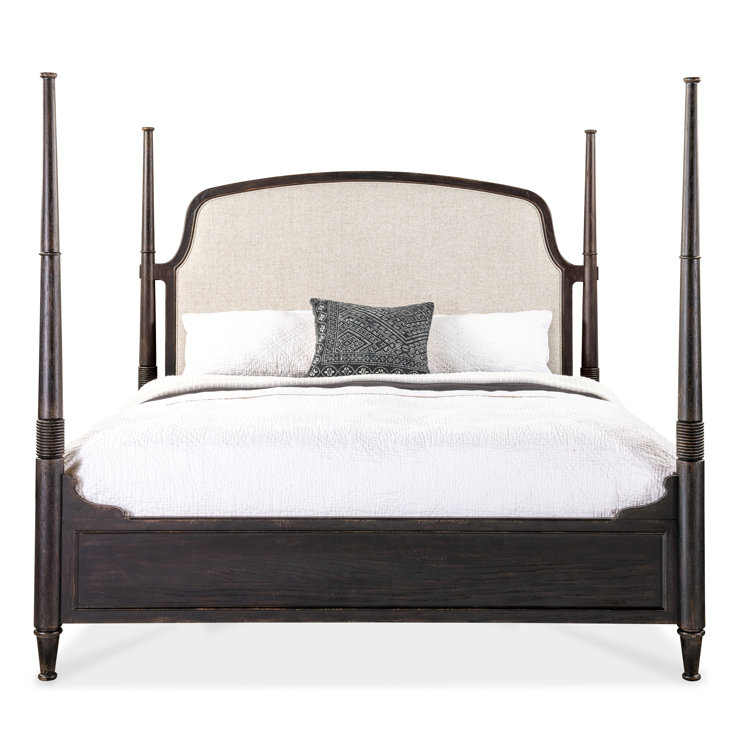 Rustic Beige King Upholstered Poster Bed with Wood Frame