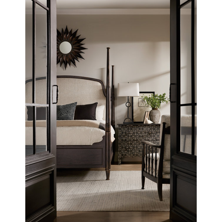 Rustic Beige King Upholstered Poster Bed with Wood Frame