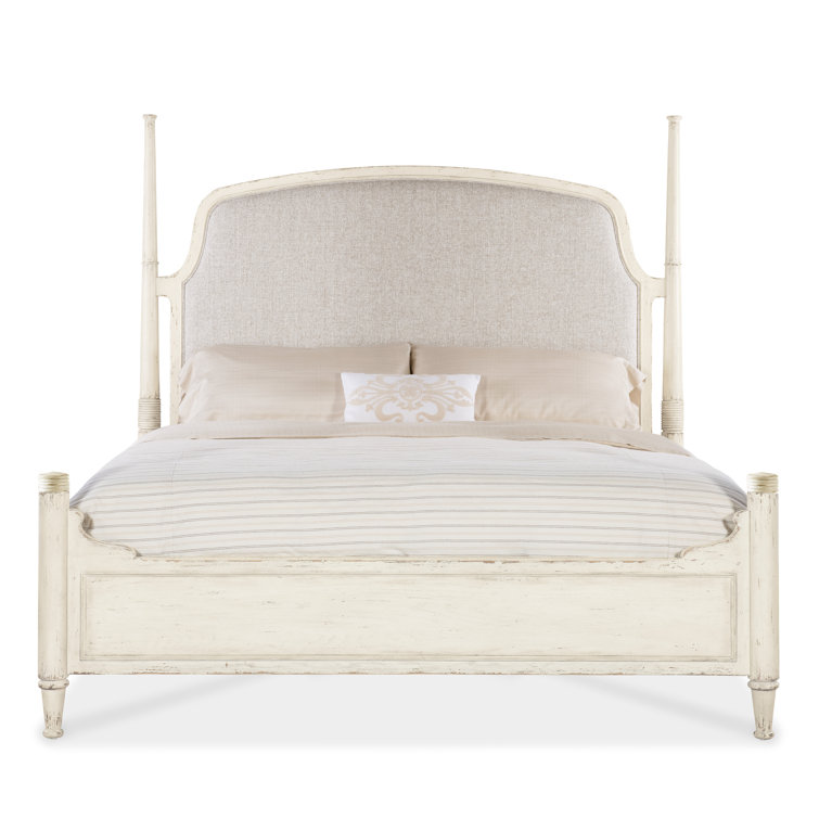 Beige Queen Upholstered Poster Bed with Wood Frame