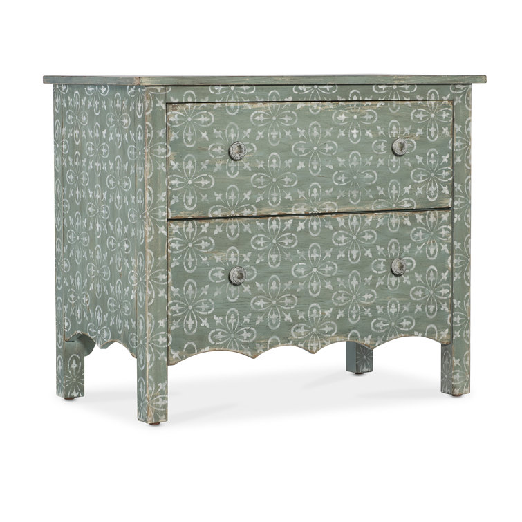 Antique Green Floral 2-Drawer Rustic Nightstand