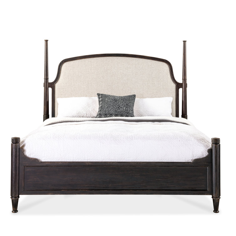 Rustic Beige King Upholstered Poster Bed with Wood Frame