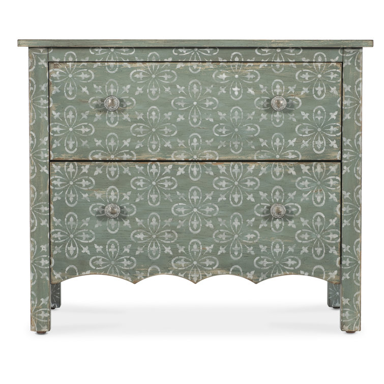 Antique Green Floral 2-Drawer Rustic Nightstand