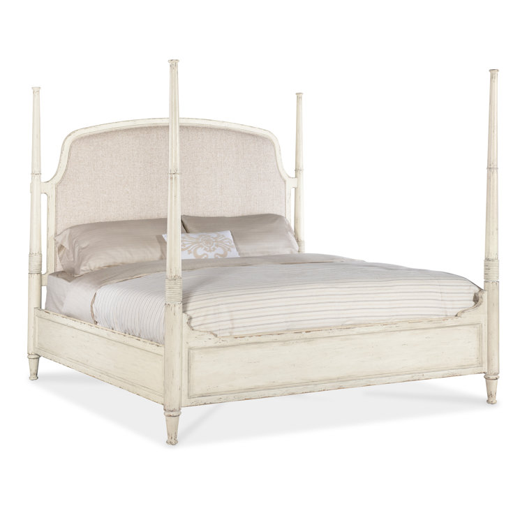 Rustic Beige King Upholstered Poster Bed with Wood Frame