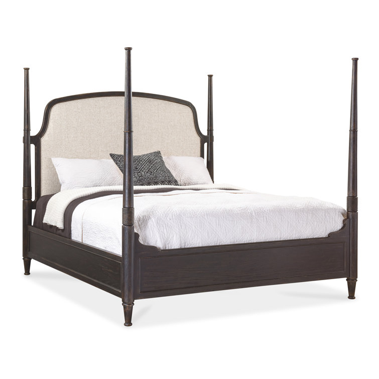 Rustic Beige King Upholstered Poster Bed with Wood Frame