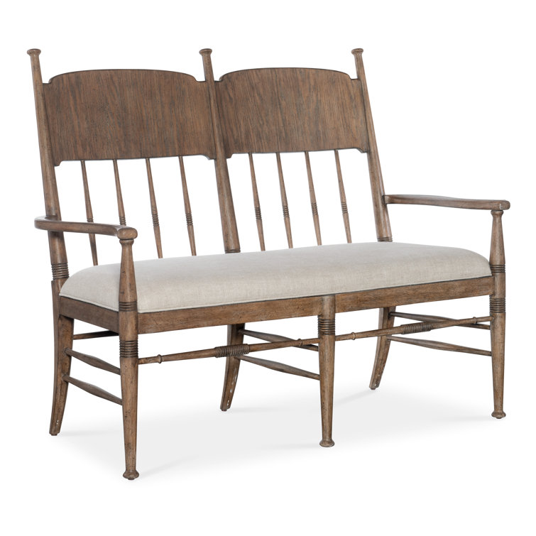 Honey Oak Upholstered Dining Bench with Armrests