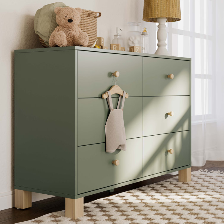 Olive and Driftwood Pine Double Dresser with 6 Drawers