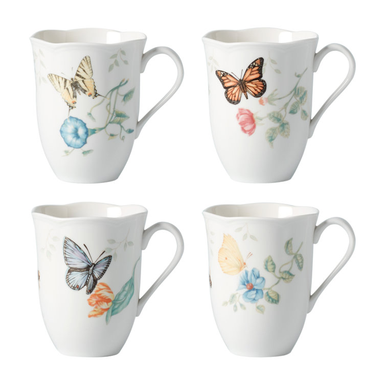 White Ceramic Butterfly Floral Spring Mug Set, 4-Piece