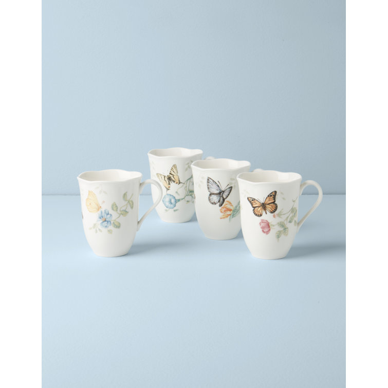 White Ceramic Butterfly Floral Spring Mug Set, 4-Piece