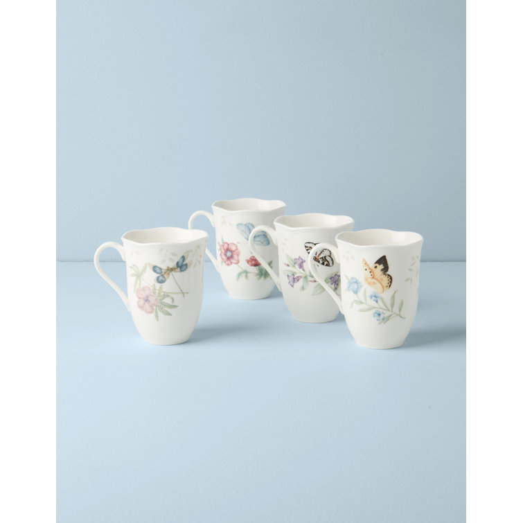 White Ceramic Butterfly Floral Spring Mug Set, 4-Piece
