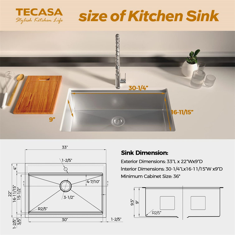 33'' Stainless Steel Drop-In Single Bowl Kitchen Sink