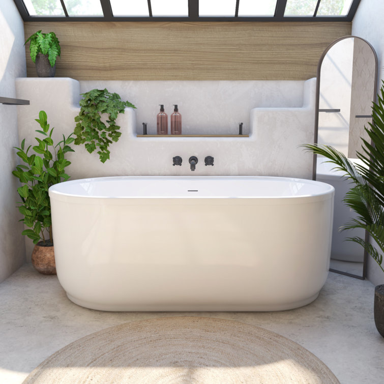 Encore White Freestanding Acrylic Bathtub with Brushed Nickel Drain