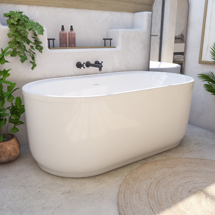 Encore White Freestanding Acrylic Bathtub with Brushed Nickel Drain