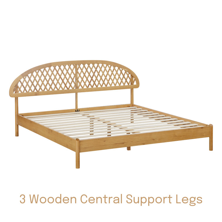 King Rustic Oak Wood Bed Frame with Lattice Headboard and Slats