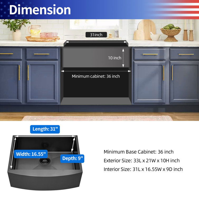 33'' Gunmetal Black Stainless Steel Farmhouse Apron Sink