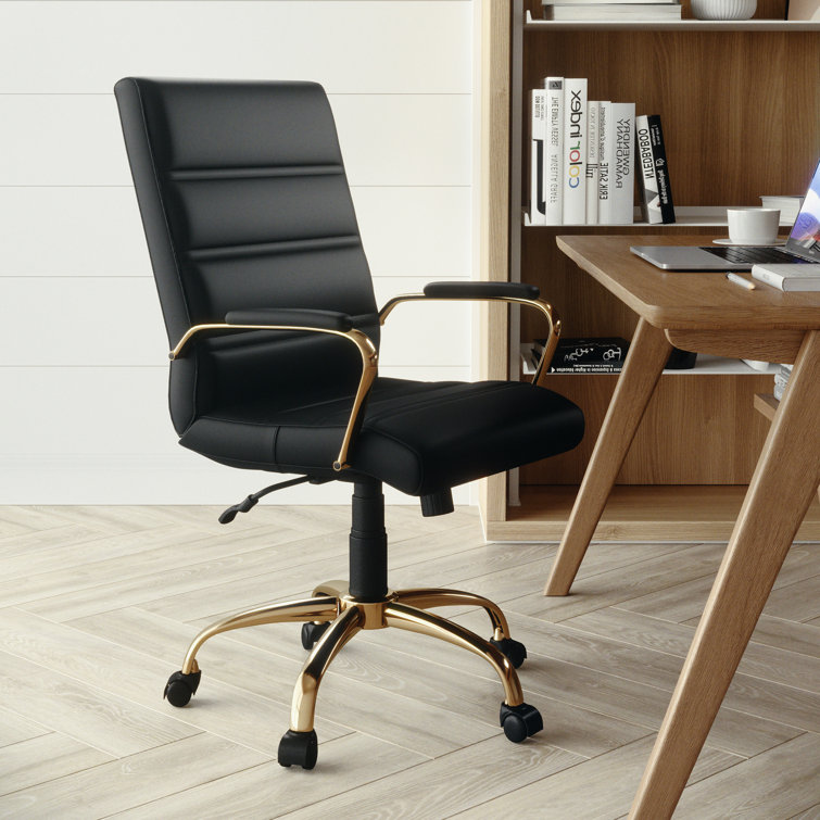 Mid-Back Black LeatherSoft Executive Swivel Office Chair with Gold Frame