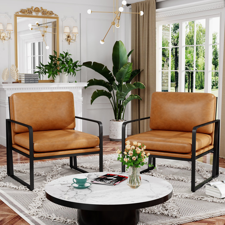 Set of 2 Brown Faux Leather Armchairs with Metal Frame