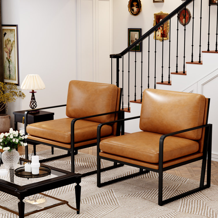 Set of 2 Brown Faux Leather Armchairs with Metal Frame