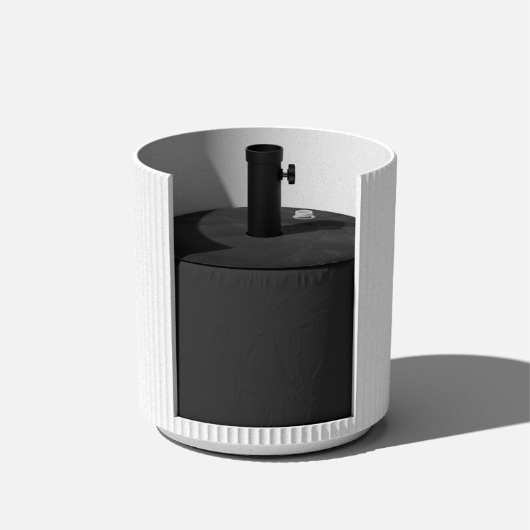 White Concrete-Composite Outdoor Side Table with Umbrella Hole