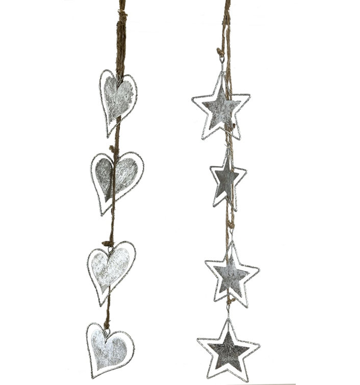 Set of 2 Silver Hanging Heart and Star Decorations