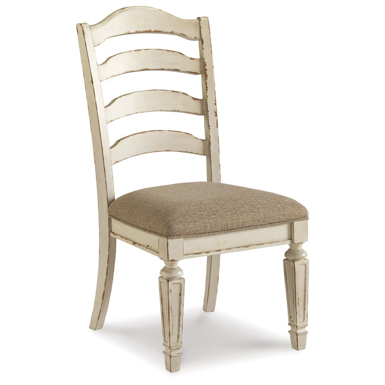 Rustic White Ladderback Upholstered Side Chair in Wood
