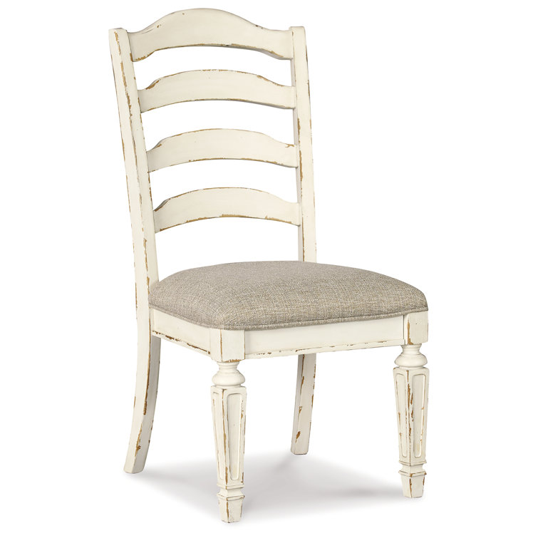 Rustic White Ladderback Upholstered Side Chair in Wood
