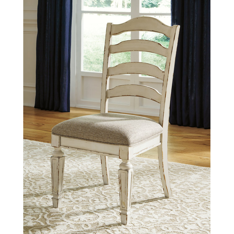 Rustic White Ladderback Upholstered Side Chair in Wood