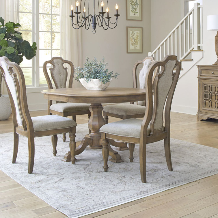 Weathered Bisque Round Extendable Wood Pedestal Dining Table