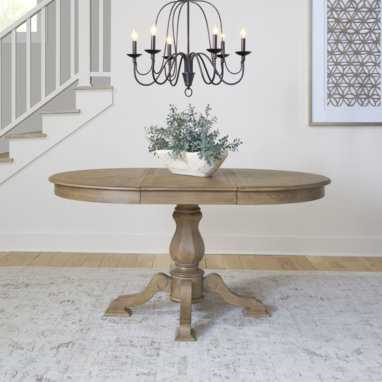 Weathered Bisque Round Extendable Wood Pedestal Dining Table