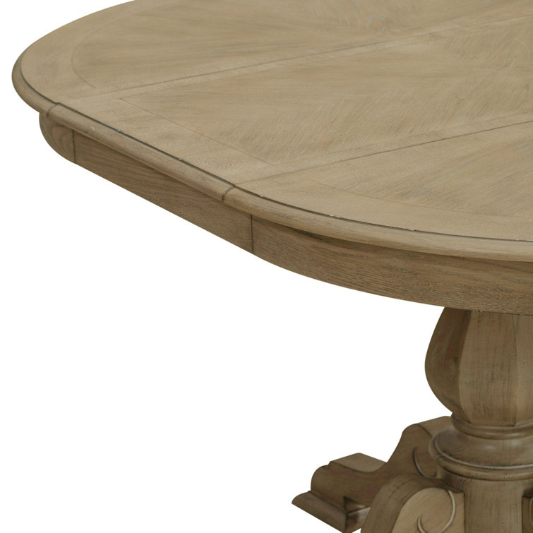 Weathered Bisque Round Extendable Wood Pedestal Dining Table