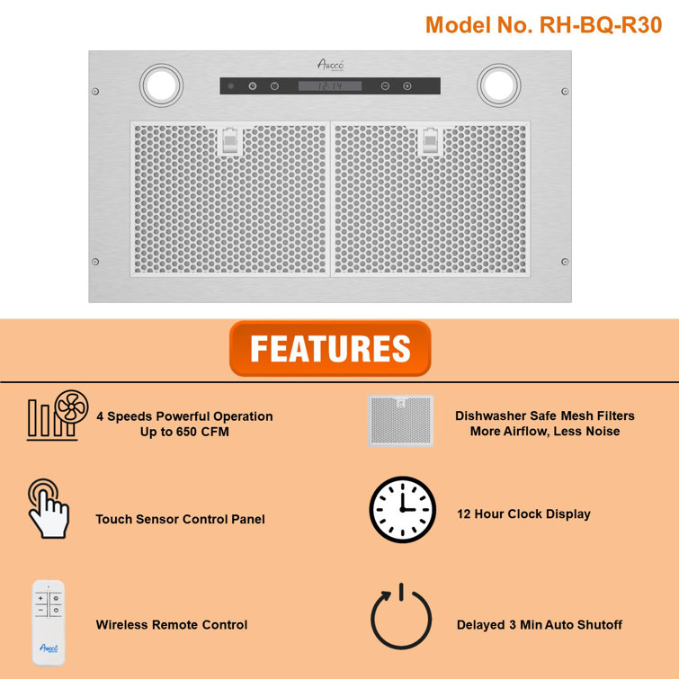 Awoco 30" Stainless Steel Insert Range Hood with Mesh Filter