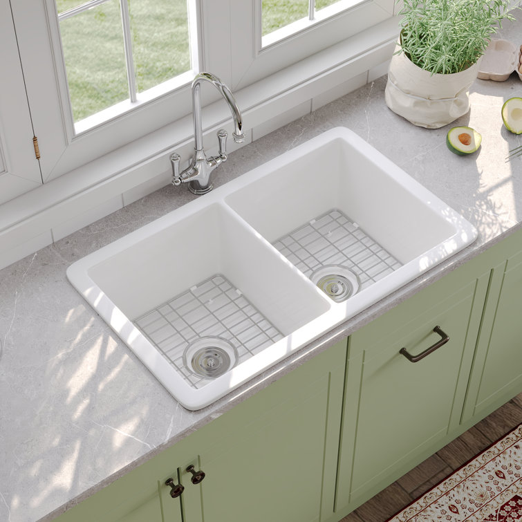 32" L Dual Mount 50/50 Double Bowl Undermount/Drop in Kitchen Sink with Basket Strainer and Sink Grid