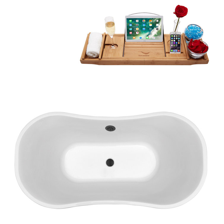 60" White Freestanding Acrylic Soaking Bathtub with Tray