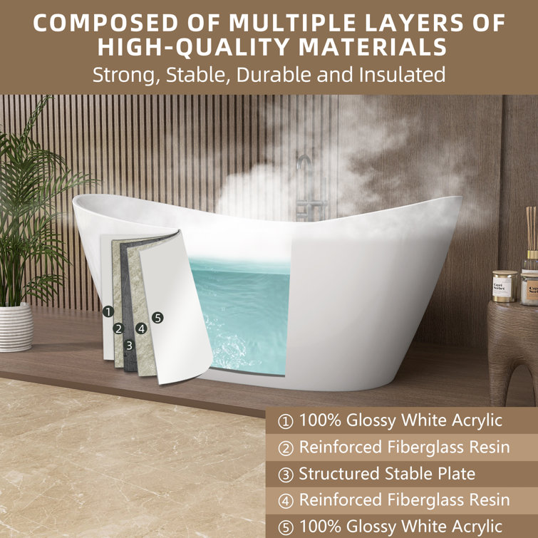 63'' White Acrylic Double Slipper Freestanding Soaking Tub
