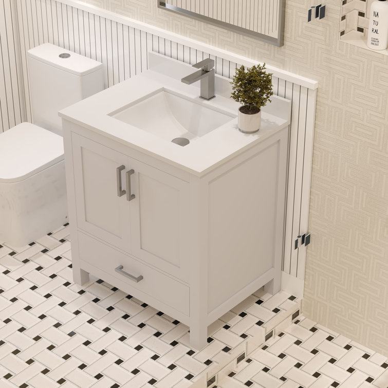 Rooh 30" White Solid Wood Bathroom Vanity with Brushed Nickel Hardware