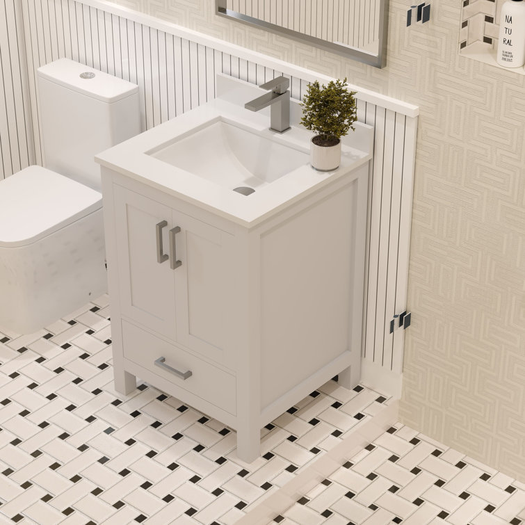 White Solid Wood Bathroom Vanity Cabinet with Brushed Nickel Hardware