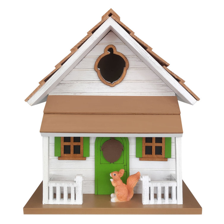 White and Green Cottage Birdhouse with Squirrel Figurine