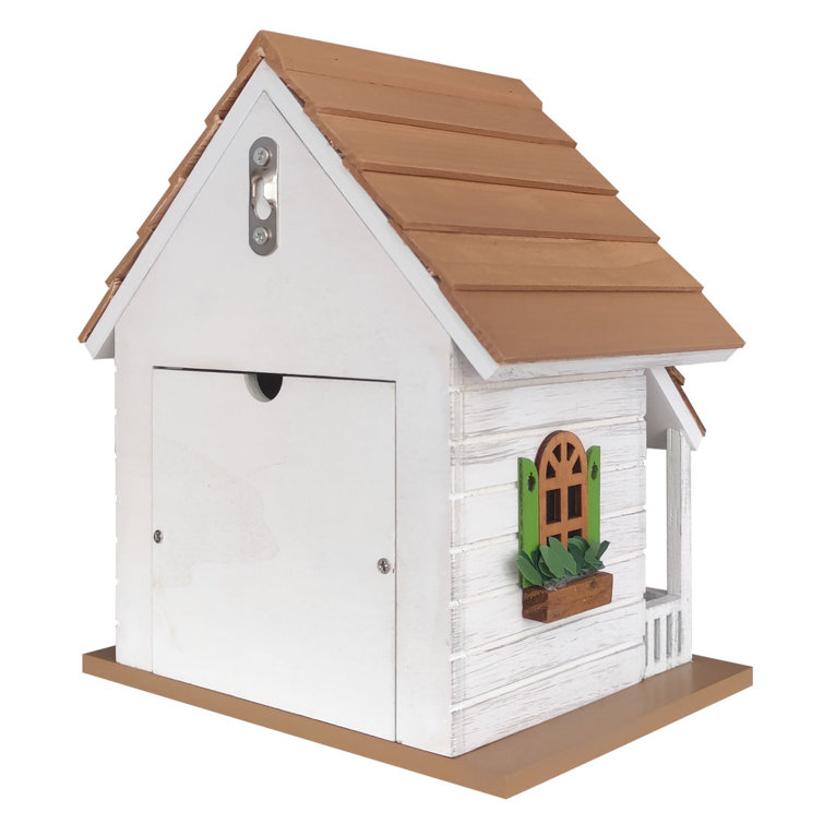 White and Green Cottage Birdhouse with Squirrel Figurine