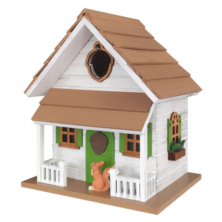 White and Green Cottage Birdhouse with Squirrel Figurine