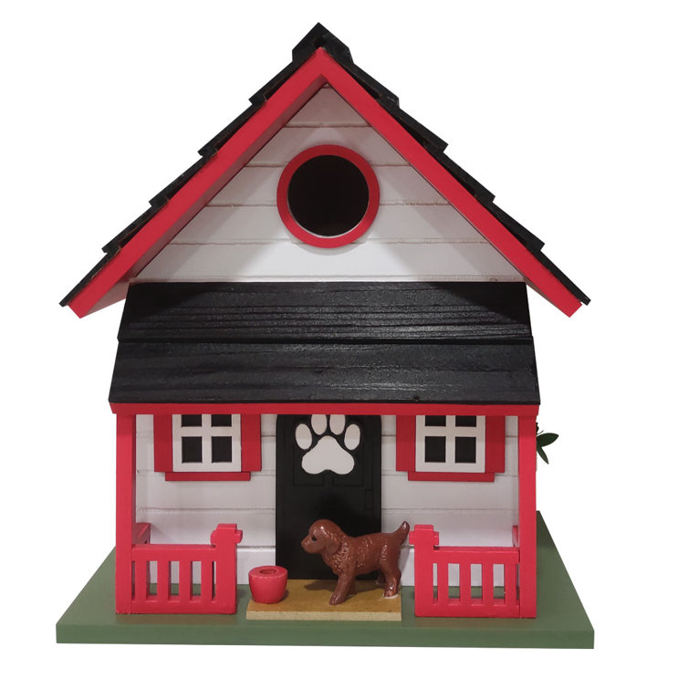 Red and White Wooden Dog-Themed Birdhouse