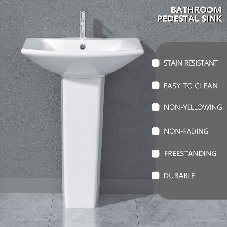 24" White Vitreous China Rectangular Pedestal Bathroom Sink