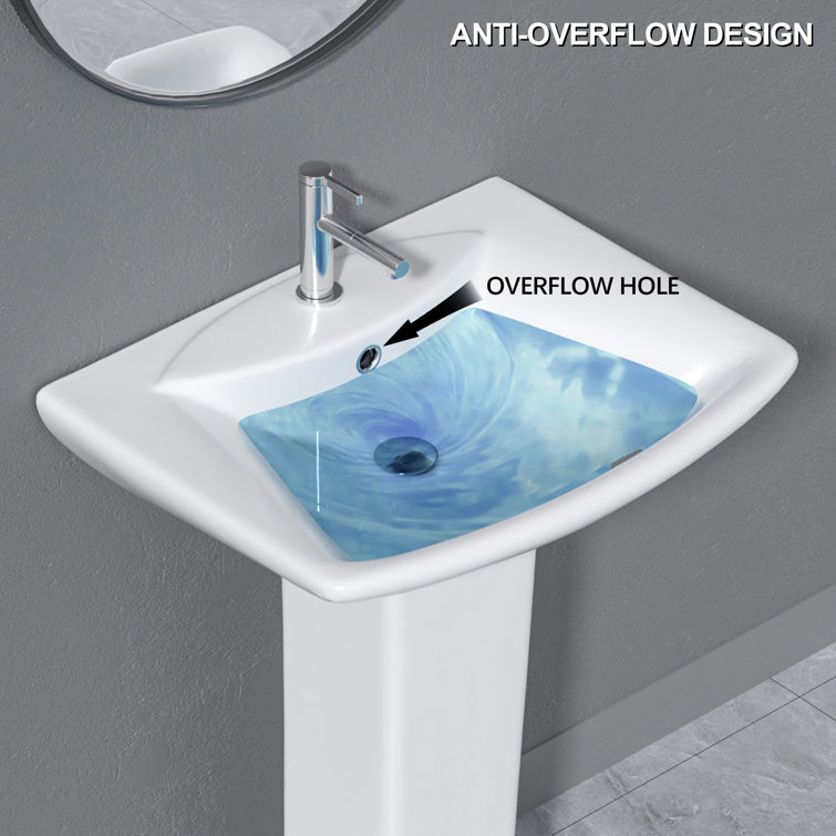 24" White Vitreous China Rectangular Pedestal Bathroom Sink