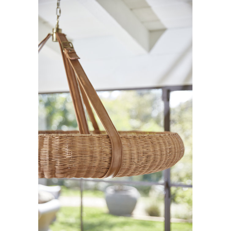 Natural Rattan and Brass Halo Chandelier with Leather Straps