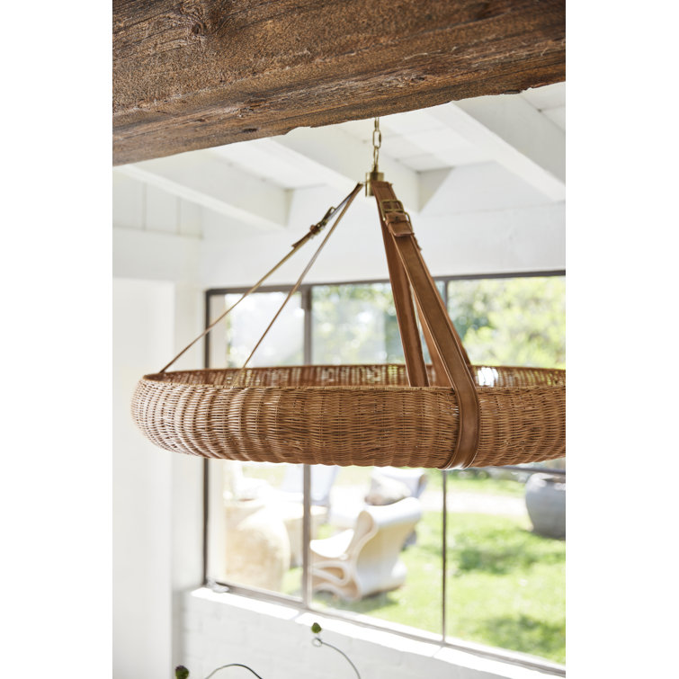 Natural Rattan and Brass Halo Chandelier with Leather Straps
