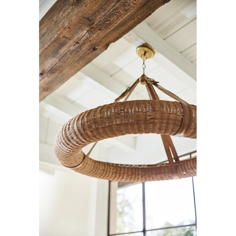 Natural Rattan and Brass Halo Chandelier with Leather Straps