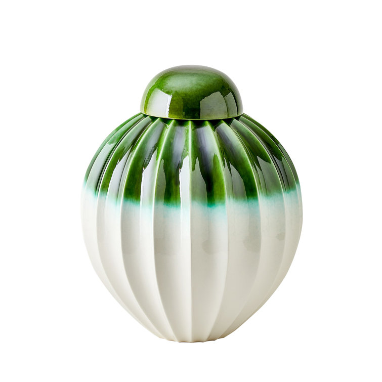 Wide Emerald Green Ceramic Fluted Decorative Jar