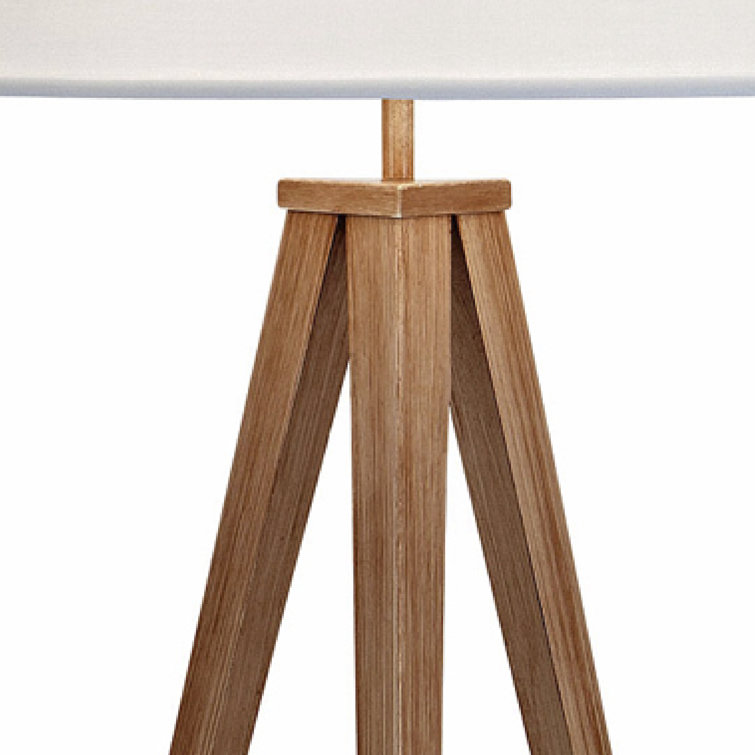Natural Wood Tripod Floor Lamp with White Drum Shade