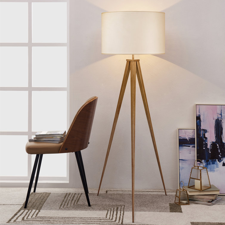 Natural Wood Tripod Floor Lamp with White Drum Shade
