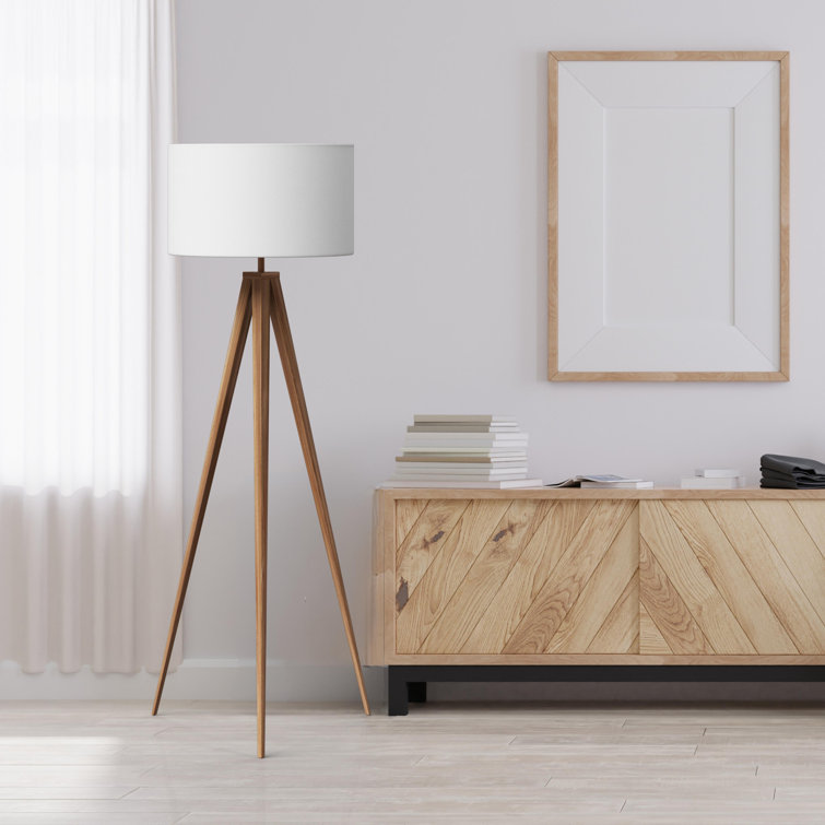 Natural Wood Tripod Floor Lamp with White Drum Shade