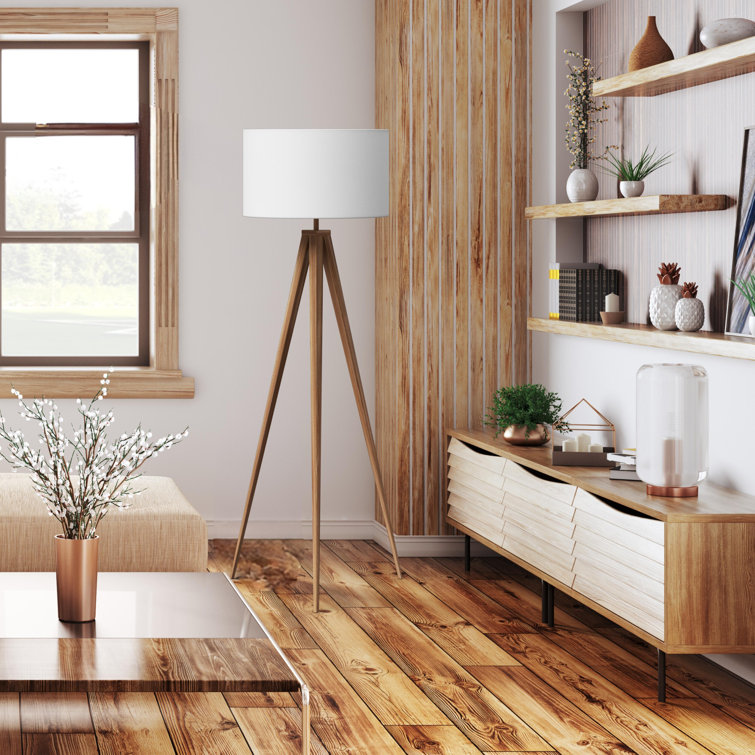 Natural Wood Tripod Floor Lamp with White Drum Shade