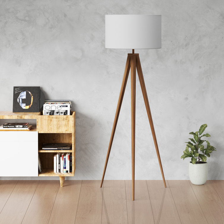 Natural Wood Tripod Floor Lamp with White Drum Shade